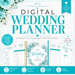 May include: A digital wedding planner featuring teal text and floral accents. The cover displays the words Our Wedding and Planning Our Happily Ever After. Included pages show a wedding checklist, budget tracker, guest checklist, and rehearsal dinner plan.