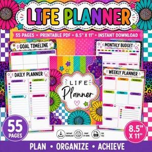 May include: A printable life planner set featuring 55 pages in an 8.5" x 11" format. The design includes colorful floral patterns, stars, and checkered backgrounds. Pages include a goal timeline, monthly budget, daily planner, and weekly planner.