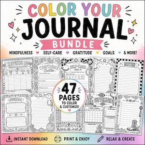 May include: A digital journal bundle featuring 47 pages to color and customize. The black and white printable sheets include headers like Happiness Log, Confidence Builder, Self-Care Check-In, Notes, Journal, September, and To Do List with western motifs.