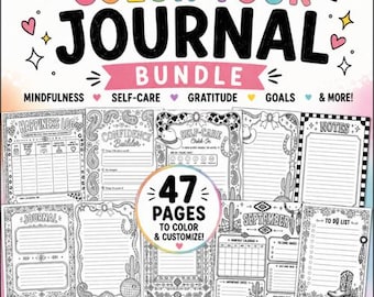May include: A digital journal bundle featuring 47 pages to color and customize. The black and white printable sheets include headers like Happiness Log, Confidence Builder, Self-Care Check-In, Notes, Journal, September, and To Do List with western motifs.