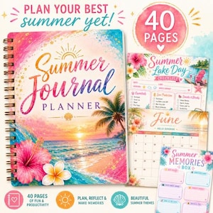 Może przedstawiać: Spiralny planer Summer Journal Planner z okładką przedstawiającą plażę o zachodzie słońca, palmę, kwiaty hibiskusa oraz napis Summer Journal Planner. Zawiera wewnętrzne strony z listą kontrolną Summer Lake Day, kalendarzem czerwcowym i sekcją Summer Memories box.