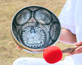 Silver Tibetan Singing Bowl: Buddha Engraving, Meditation, Sound Healing, Spiritual Décor