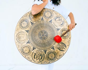 Handcrafted Tibetan Mandala Gong: Large Meditation Sound Healing Bell for Yoga, Sound Bath