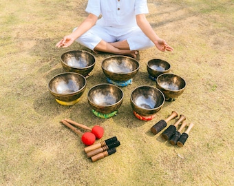 Handmade Full Moon Singing Bowl Set: Tibetan 7 Metals Sound Healing & Meditation