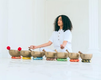 Handmade 7 Chakra Singing Bowl Set: Antique KASA CDEFGAB Notes Sound Healing, Meditation & Yoga