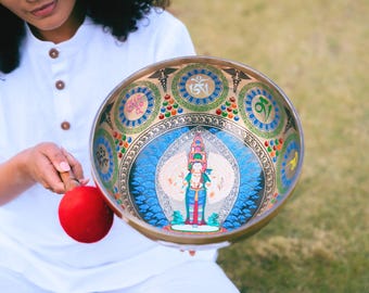 Hand-Painted Avalokiteshvara Tibetan Singing Bowl with Sacred Mantras for Sound Healing, Home Decor