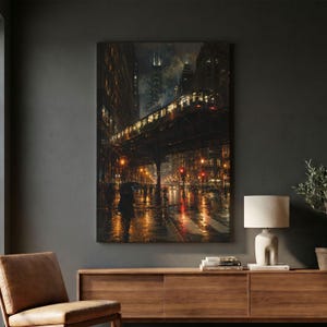 May include: A vertical wall art print depicting a dark, rainy city street at night with an elevated train passing overhead. The scene features warm golden streetlights reflecting on wet pavement, silhouettes of pedestrians, and tall buildings.