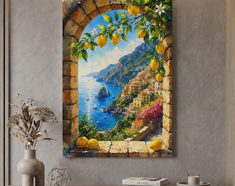 May include: A rectangular wall art print featuring a watercolor painting of a coastal Mediterranean town viewed through a stone archway. The scene includes bright yellow lemons on branches, blue sea, rocky cliffs, colorful buildings, and white flowers.