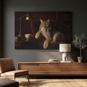 Può includere: Una stampa artistica rettangolare che raffigura una lince che riposa su una poltrona in velluto rosso scuro. Accanto alla lince si trovano una lampada da scrivania in ottone e una tazza in ceramica su un tavolino, davanti a una libreria.