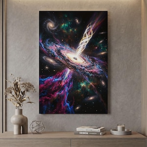 Pode incluir: Uma impressão de arte de parede retangular apresentando uma cena cósmica vibrante de um buraco negro cercado por nuvens rodopiantes de gás rosa, azul e roxo, com um feixe de luz branca brilhante estendendo-se contra um fundo espacial estrelado.