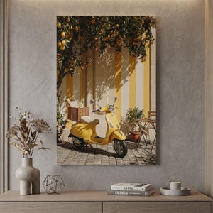 Italienische Amalfiküste Leinwanddruck, Gelbe Vespa Wandkunst, Zitronenbaum-Dekor, Mediterraner Sommer Poster, Positano Ästhetik Wohnkultur