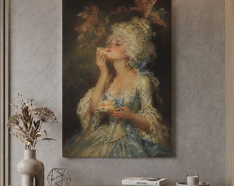 May include: A framed oil painting depicting a person with an elaborate powdered wig wearing a light blue gown, holding a small plate and eating a piece of cake. Two cherubs are visible in the dark, atmospheric background above the figure.