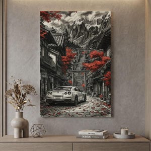 JDM Car Canvas Print, Nissan GTR Wall Art, Japanese Temple Decor, Red Maple Tree Poster, Mountain Landscape Sketch, Automotive Gift For Him