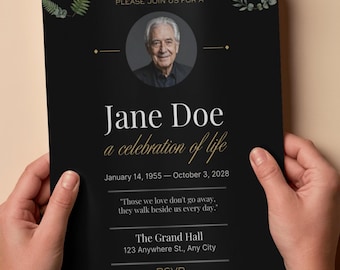 Funeral Invitation Template, Botanical Memorial Service Invite, Green Floral Celebration of Life Canva Card