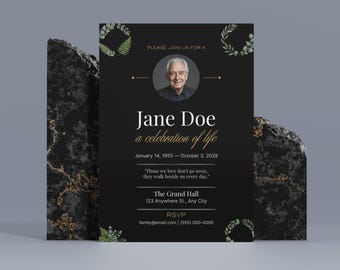 Botanical Funeral Invitation Template, Green Floral Memorial Service Invite, Celebration of Life Card, Editable Canva, Instant Download