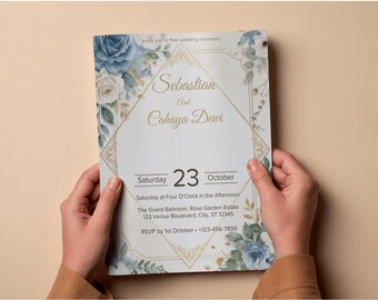 Staubige blaue Hochzeitseinladungsvorlage, bearbeitbare Canva einladen, druckbare Hochzeitseinladung, sofortiger Download