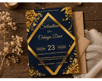 Navy Blue Gold Wedding Invitation Template, Luxury Elegant Canva Invite, Printable Formal Wedding Card, Instant Download