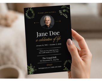 Botanical Funeral Invitation Template, Green Floral Memorial Service Invite, Celebration of Life Card, Editable Canva, Instant Download