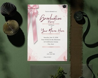 Kokette Graduierung Einladung mit Foto, rosa Schleife Grad Ankündigung, Klasse von 2026, bearbeitbare Canva, Sofort Download
