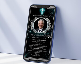 Trauerankündigungsvorlage für Smartphone, Türkis-Silber-Memorial-Telefon einladen, bearbeitbare Canva