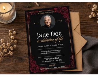 Minimal Editable Funeral Invitation Template, Evite Invitation, Printable memorial card, death announcement, celebration of life