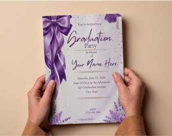 Kokette Graduierung Einladung Lavendel, Lila Bogen Grad Party einladen, Klasse von 2026, bearbeitbare Canva Vorlage, Sofort Download