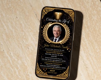 Traueranzeige Vorlage für Smartphone, Black GoldMemorial Phone Invite, bearbeitbare Canva