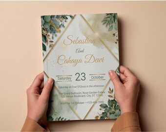 Sage Green Wedding Invitation Template, Botanical Greenery Canva Invite, Printable Floral Wedding Card, Instant Download