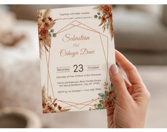 Terracotta Boho Wedding Invitation Template, Earthy Floral Canva Invite, Rustic Printable Wedding Card, Instant Download