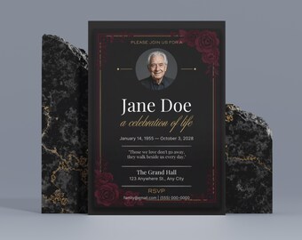 Minimal Editable Funeral Invitation Template, Evite Invitation, Printable memorial card, death announcement, celebration of life