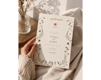 Boho Floral Wedding Invitation Template, Watercolor Botanical Invite, Editable Canva Card, Printable, Instant Download