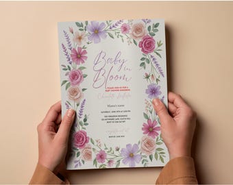 Baby in Bloom-Einladung, Wildblumen-Babyparty-Einladung, Blumen-Babyparty-Vorlage, bearbeitbare Canva, Sofort-Download