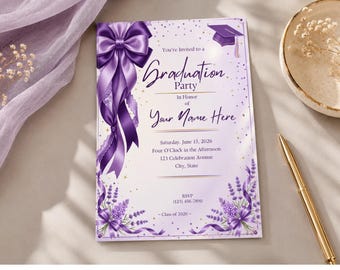 Coquette Graduation Invitation Lavender, Purple Bow Grad Party Invite, Class of 2026, Editable Canva Template, Instant Download