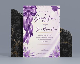 Coquette Graduation Invitation Lavender, Purple Bow Grad Party Invite, Class of 2026, Editable Canva Template, Instant Download