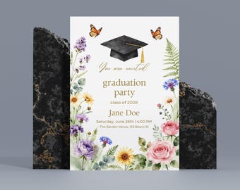 Wildblumen-Abschluss-Einladung, Klasse von 2026-Graduierten-Ankündigung, Blumen bearbeitbare Canva-Vorlage, sofortiger Download