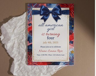 All American Girl Birthday Invitation Template, Editable 4th of July Girl Party Invite, Red White Blue, Canva, Instant Download Printable