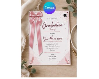 Coquette Graduation Invitation with Photo, Pink Bow Grad Announcement, Class of 2026, Editable Canva, Instant Download