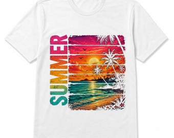 Tramonto estivo vintage sulla spiaggia PNG/Design retrò per sublimazione per vacanze al mare, atmosfera estiva, maglietta, tazza, grafica DTF/download digitale per uso commerciale