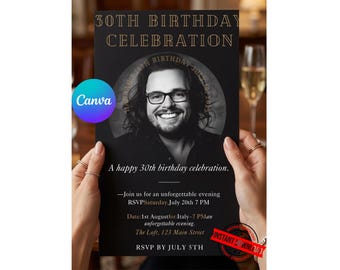 30th Birthday Invitation Template, Editable Photo Evite, Canva Adult Party Invite, Instant Download