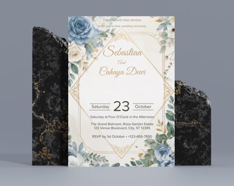 Dusty Blue Wedding Invitation Template, Editable Canva Invite, Printable Floral Wedding Invitation, Instant Download