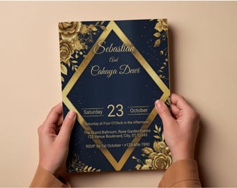 Navy Blue Gold Wedding Invitation Template, Luxury Elegant Canva Invite, Printable Formal Wedding Card, Instant Download