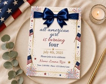 All American Girl Birthday Invitation Template, Editable 4th of July Girl Party Invite, Red White Blue, Canva, Instant Download Printable