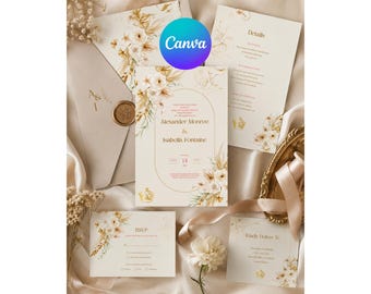 Elegant Floral Wedding Invitation Suite, Canva Template Editable Printable Invite, RSVP Save the Date Thank You Card, Instant Download