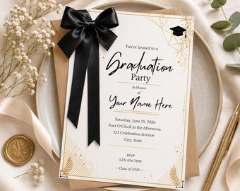 Coquette Graduation Invitation, Pink Bow Grad Party Invite, Class of 2026, Editable Canva Template, Instant Download