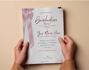 Coquette Graduation Invitation with Photo, Pink Bow Grad Announcement, Class of 2026, Editable Canva, Instant Download