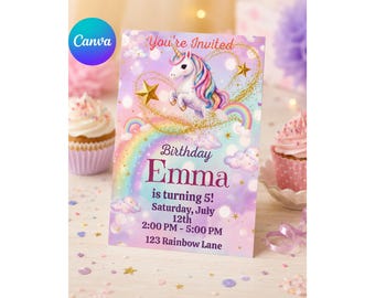 Unicorn Birthday Invitation, Magical Rainbow Party Invite, Editable Canva Template, Girl Birthday, Instant Download