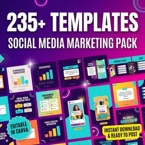 May include: A digital social media marketing pack featuring 235+ templates with a purple and magenta gradient background. The graphic displays various infographic, carousel, and engagement post layouts with text, charts, and icons. Includes an editable in Canva badge.