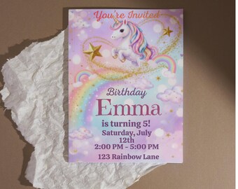 Einhorn-Geburtstagseinladung, magische Regenbogen-Party einladen, bearbeitbare Canva-Vorlage, Mädchen Geburtstag, Sofort-Download