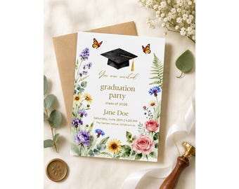 Wildflower Graduation Invitation, Class of 2026 Grad Announcement, Floral Editable Canva Template, Instant Download