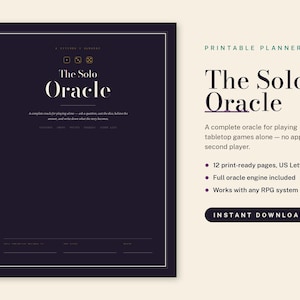 Könnte beinhalten: Ein druckbarer Planer mit dem Titel The Solo Oracle, bestehend aus einer dunkelvioletten Seite mit weißem Text, Würfelsymbolen und Zeilen für Notizen. Der Text beschreibt ein 12-seitiges Orakel-System für Solo-Rollenspiele als Sofort-Download.